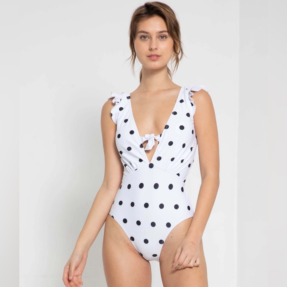 Marina West white with black polka dot one piece bathing suit NWOT size medium